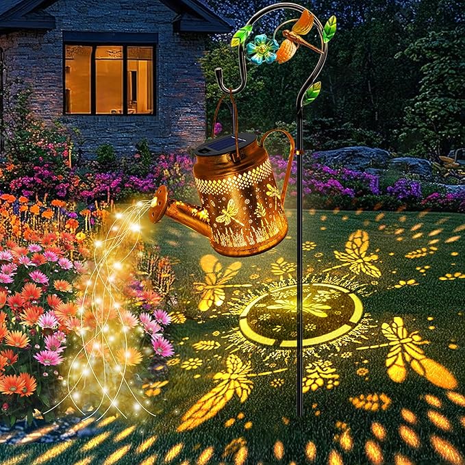 Solar Lights Outdoor Garden Decor, Dragonfly Hanging Watering Can Landscape Lights Waterproof Yard Decorations for Outside Porch Patio Backyard, Gardening Gift for Mom Grandma Women Birthday