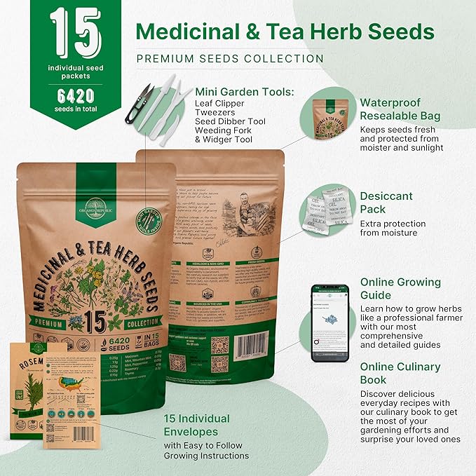 Organo Republic 15 Medicinal & Tea Herb Seeds Variety Pack 6,420+ Non-GMO Heirloom Garden Seeds for Indoor & Outdoors, Including Anise, Borage, Cilantro, Chamomile, Dandelion, Rosemary Seeds