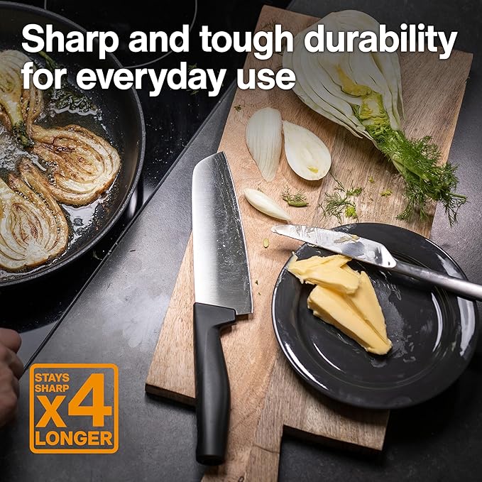 Fiskars 6.3" Santoku Knife, Kitchen Knife for Chopping, Dicing, and Mincing with Japanese Stainless Steel Hard Edge Blade, DIshwasher Safe