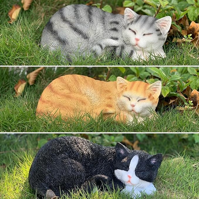Sleeping Cat Statue Garden Decor, Outdoor Cat Sculpture & Figurine Lawn Ornament, Orange Tabby Statue for Patio, Lawn, Yard Decorative, Cute Kitten Garden Decor Outside Statue