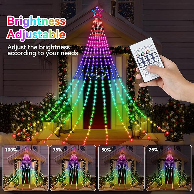 Christmas Decoration RGB String Lights, Outdoor Color Changing Christmas Lights 320 LED 11.5 Ft Star Tree Topper Fairy String Lights with 8 Light Modes for Christmas New Year Holiday Garden Yard