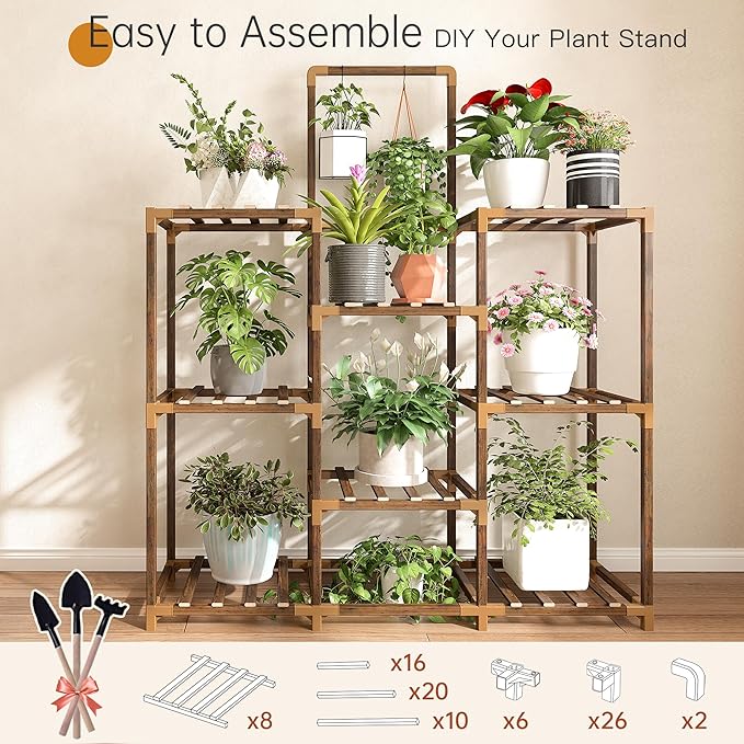 EnHomee Plant Stand Indoor Large Plant Stands Outdoor 5 Tiers Wood Tiered Plants Shelf for Multiple Plants with 8 Potted 34.3" W x 11.8" D x 47.2" H