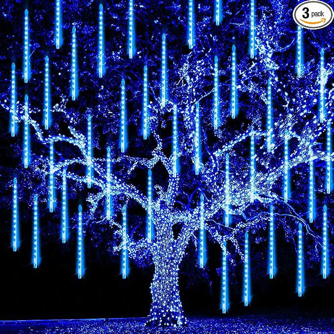 TW SHINE Christmas Meteor Shower Lights Outdoor, 864 LED 12" 24 Tubes Waterproof Christmas Lights Outdoor Plug in, Snow Falling Rain Icicle Xmas Lights Decorations, Blue