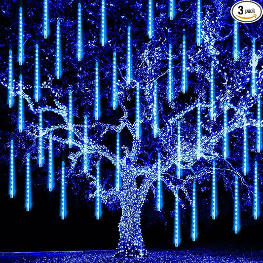 TW SHINE Christmas Meteor Shower Lights Outdoor, 864 LED 12" 24 Tubes Waterproof Christmas Lights Outdoor Plug in, Snow Falling Rain Icicle Xmas Lights Decorations, Blue