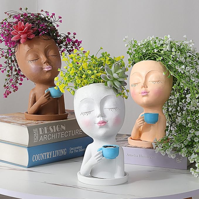 Face Pot for Plants, with a Base,Face Flower Pot for Indoor Outdoor Plants Resin Succulent Planter with Drainage Hole Cute Lady Face Plant Pots（Lignt Orange）