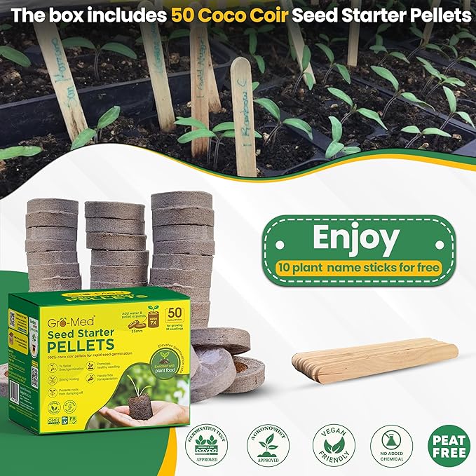 Gro-Med Organic Coco Coir Seed Starter Pellets NPK Enriched 50 Pcs, 35mm Perfect to Grow Herbs, Vegetables, Flowers,Fruits Seedlings, Compressed Coconut Coir Soil Plugs - Easy to Transplant in Pot