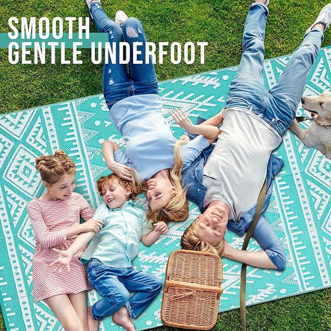 OLANLY Outdoor Rug Waterproof 10x14 ft, Reversible Outdoor Plastic Straw Rug, Boho Patio Rug, Indoor Outdoor Carpet, RV Mat Outside for Patio, Camp, Picnic, Balcony, Deck, Backyard, Turquoise & White