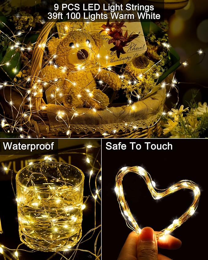 Treela 9 Pack Solar String Lights for Outside, 39 ft 100 LED Outdoor Fairy Lights Waterproof Copper Wire 8 Modes Solar Twinkle Lights for Patio Garden Tree Yard Party Decor(Warm White)