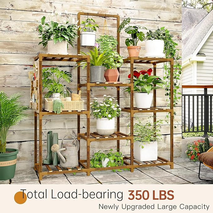 EnHomee Plant Stand Indoor Large Plant Stands Outdoor 5 Tiers Wood Tiered Plants Shelf for Multiple Plants with 8 Potted 34.3" W x 11.8" D x 47.2" H