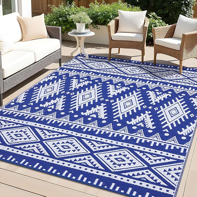 OLANLY Outdoor Rug Waterproof 8x10 ft, Reversible Outdoor Plastic Straw Rug, Boho Patio Rug, Indoor Outdoor Carpet, RV Mat Outside for Patio, Camp, Picnic, Balcony, Deck, Backyard, Blue & White