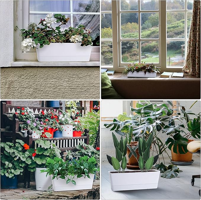 GREANER Herb Planter with Tray, 1 Pack 12x3.8 Inch Rectangle Window Box, Indoor Succulent Flowers Succulent Plastic Pot for Windowsill, Garden, Balcony, Office Outdoor Decoration - White
