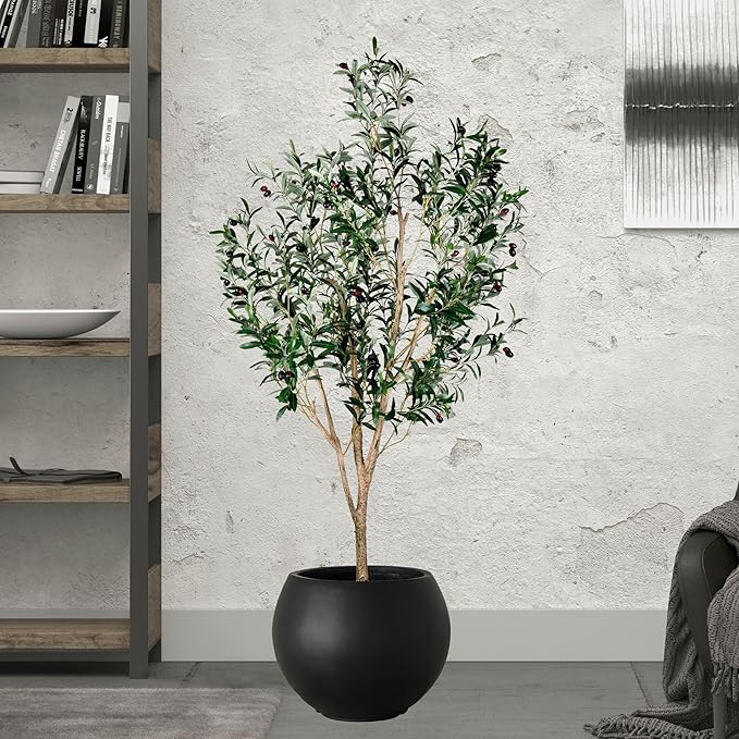 17 H x 21" Dia (15" Pot Opening) Black Round Fiberstone Tall Planter with Drainage Hole, Indoor/Outdoor Large Plant