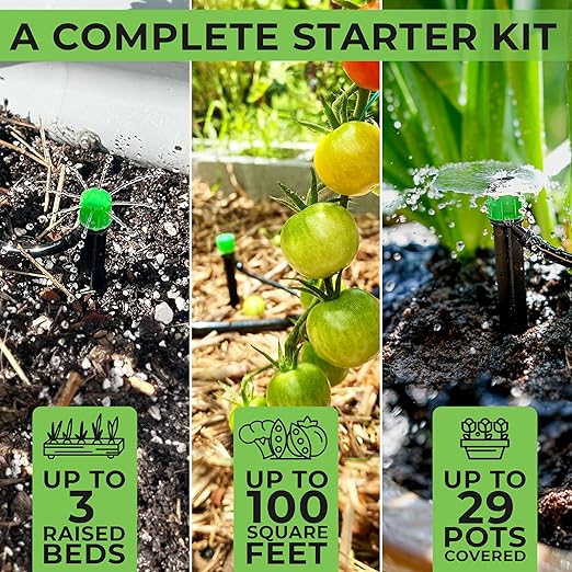 CARPATHEN Drip Irrigation System - Adjustable Premium Irrigation System for Garden, Raised Beds - Complete Drip Irrigation Kit with Drip Emitters, 5/16" and 1/4" Irrigation Tubing and Barbed Fittings