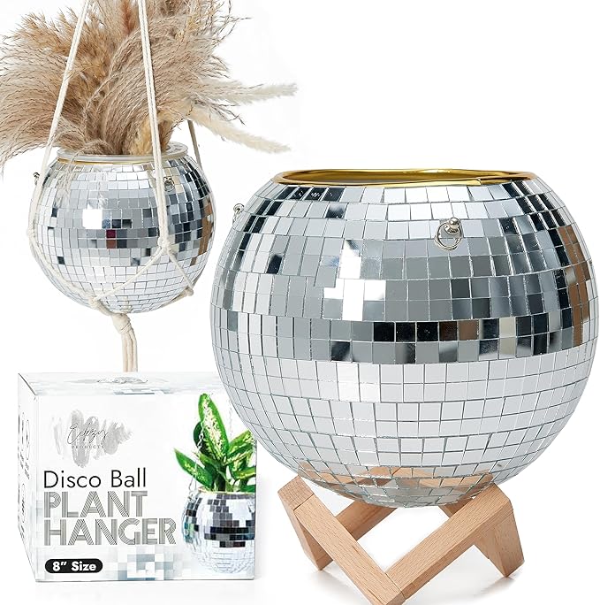 Eekzy Disco Ball 8" Plant Pot - Hanging Planter with Macrame Rope, Square Stand, Silver Chain & Inner Pot - Indoor & Outdoor Decor