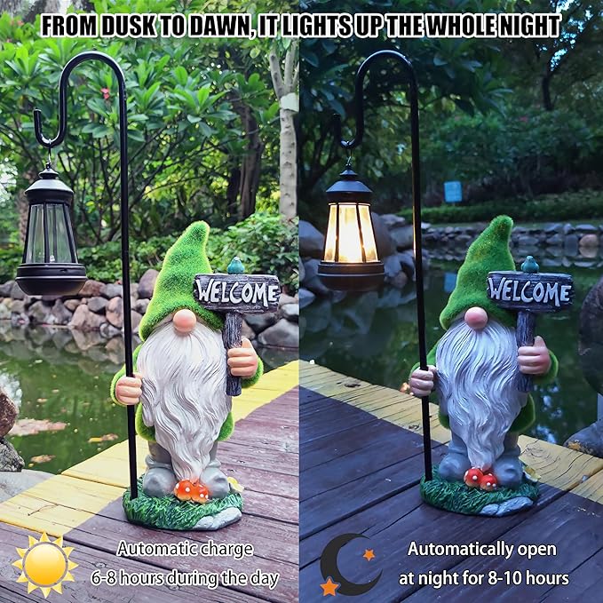 JOYBEE Garden Statues Gnomes with Solar Lantern Outdoor Decor-Gnomes Solar Figurines Lights Decorations for Patio Yard Lawn Ornaments-Gifts for Birthday Easter Housewarming