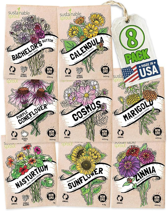 Seeds for Planting Flowers: 8 Bulk Variety Packets Zinnia, Nasturtium, Marigold, Purple Coneflower, Cosmos, Calendula, Bachelor's Button & Sunflower Seeds, Non GMO Flower Seeds by Sustainable Sprout