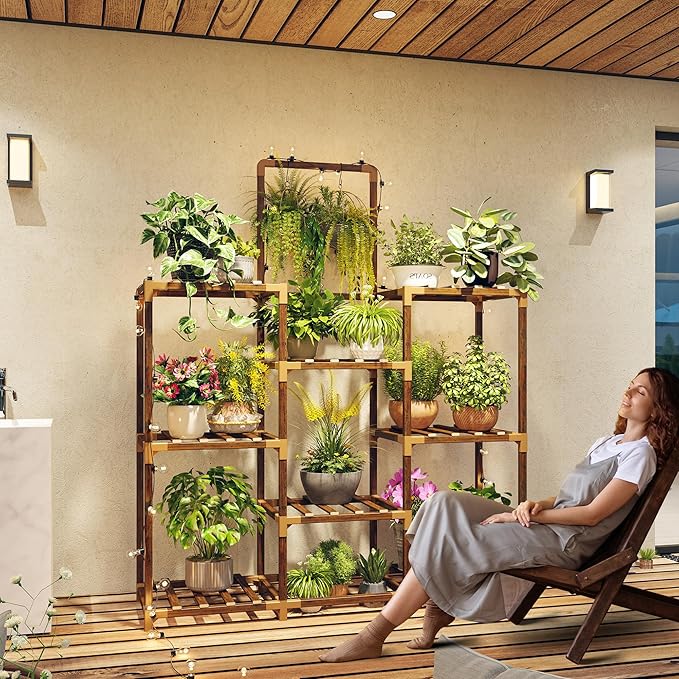 EnHomee Plant Stand Indoor Tall Plant Stand Outdoor Large Wood Plant Shelf Indoor for 12 Pots Plants,3-tiers Plant Holder for Patio Living Room Gardening Balcony 34.5" Wx47.3 Hx11.78 D