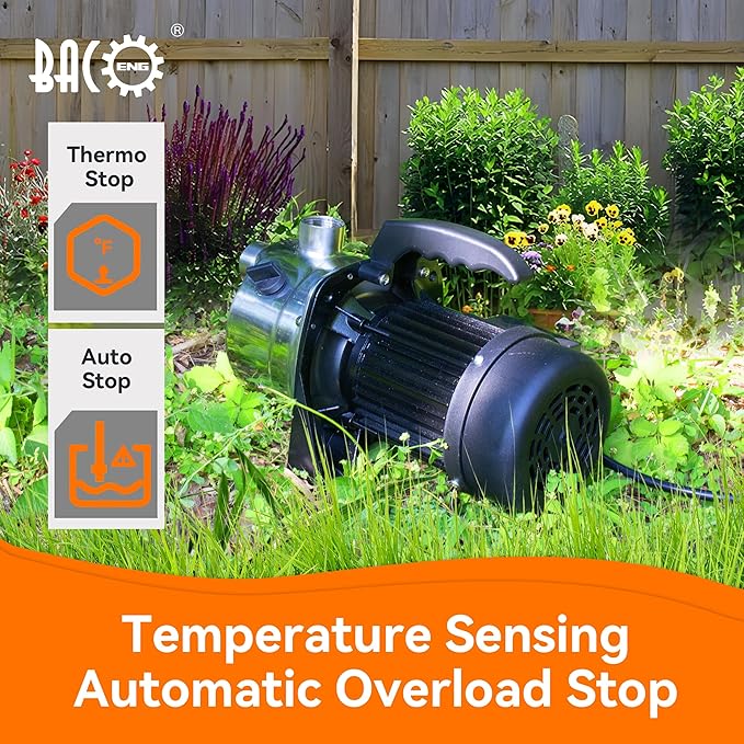 BACOENG 1.6 HP Water Transfer Pump Sprinkler Garden Pump, 1000GPH Lawn Pressure Booster Pump, Lake Pump for Irrigation and Water Draining, w/Check Valve & 3/4" Garden Hose Adapters