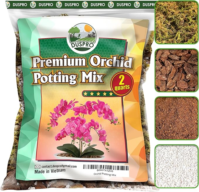DUSPRO 2QT Orchid Potting Mix with Moss Pine Bark Mulch Perlite Stone & Coco Peat Natural Ingredients, Orchid Repotting Kit Drainage Indoor Potting Medium Great for Plant Root Climbing & Expanding