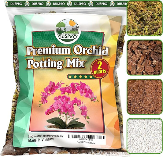 DUSPRO 2QT Orchid Potting Mix with Moss Pine Bark Mulch Perlite Stone & Coco Peat Natural Ingredients, Orchid Repotting Kit Drainage Indoor Potting Medium Great for Plant Root Climbing & Expanding