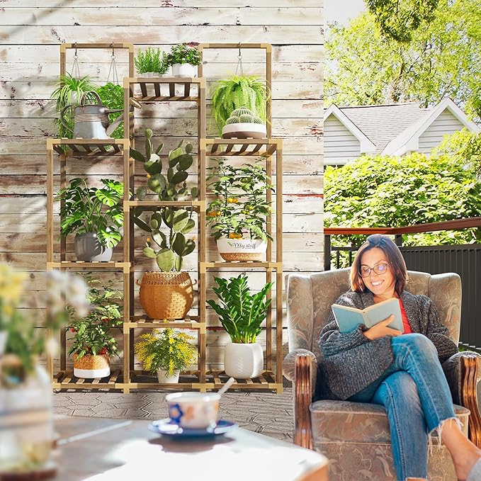EnHomee Double Rod Tiered Plant Stand Indoor Wood Plant Shelves for Multiple Plants Stands with 8 Potted Load-Bearing 360 LBS 34.2''W*11.8''D*47.4''H