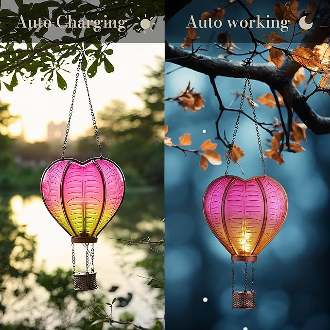 TERESA'S COLLECTIONS Hot Air Balloon Solar Lantern for Garden Decor+Flickering Flame Hanging Outdoor Lights Waterproof for Party Porch Yard Garden Tree Decorations,Gifts for Mothers Day