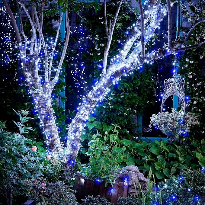 JMEXSUSS 2 Pack Blue and White Solar String Lights, Each 100 LED 33ft Solar Christmas Lights Outdoor Waterproof, 8 Modes Green Wire Solar Lights for Outside Garden Patio Party Decoration
