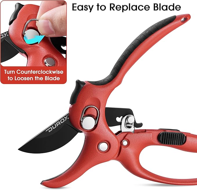 DURXO - Ratchet Pruning Shears, Garden Shears with 3x Cutting Power. Effort-Saving Heavy-Duty Anvil Pruners. Replaceable Blade Cutting Blade Design. Ideal Secateurs for Precise Trimming, Model DGR-01