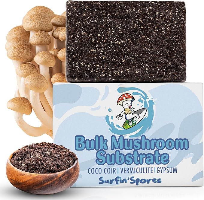 Surfin' Spores Premium Plant-Based Mushroom Substrate - 5 lbs Expert Mycologist Blend of Coco Coir, Vermiculite & Gypsum, Pasteurized & Odor-Free, Long Shelf-Life, Ideal for Monotub Cultivation