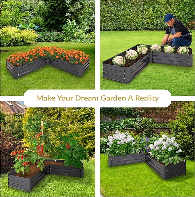 Sunnydaze 11.75" H Raised Metal Garden Bed - Galvanized Raised Garden Bed Outdoor for Vegetables and Flowers - Dark Gray - L-Shaped