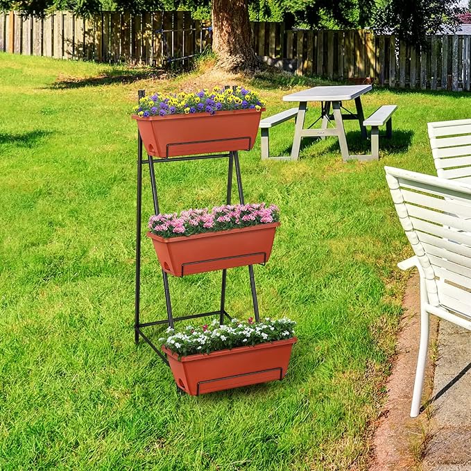 Vertical Raised Garden Bed Outdoor 3 Tiered Garden Planters Standing Elevated Planter Box with Drainage Holes for Plants Herbs Flowers Vegetables Brick Red