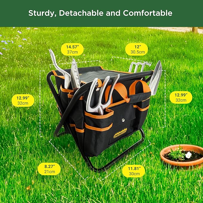 Gardening Tool Set, Stainless Steel 7-Piece Gardening Tools with Heavy-Duty Folding Stool and Detachable Canvas Tote Bag, Black and Orange, Ideal Gardening Gifts for Women and Men