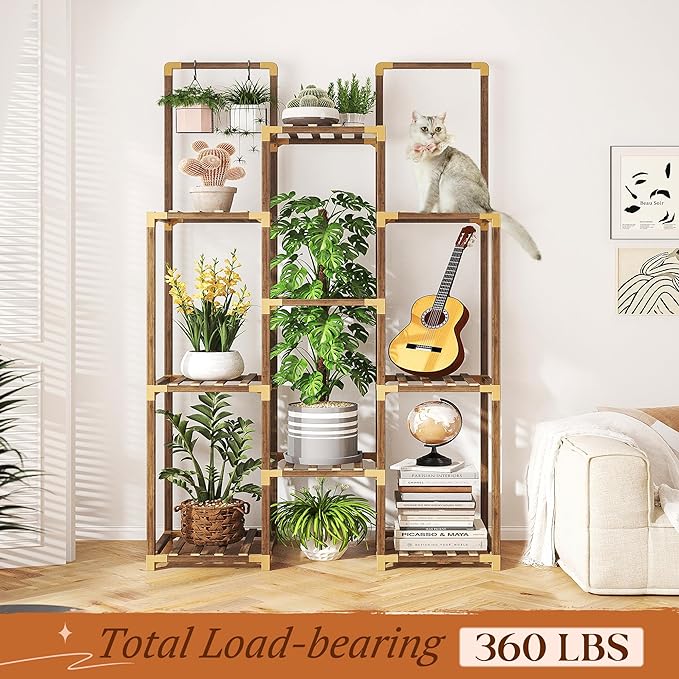 EnHomee Double Rod Tiered Plant Stand Indoor Wood Plant Shelves for Multiple Plants Stands with 8 Potted Load-Bearing 360 LBS 34.2''W*11.8''D*47.4''H