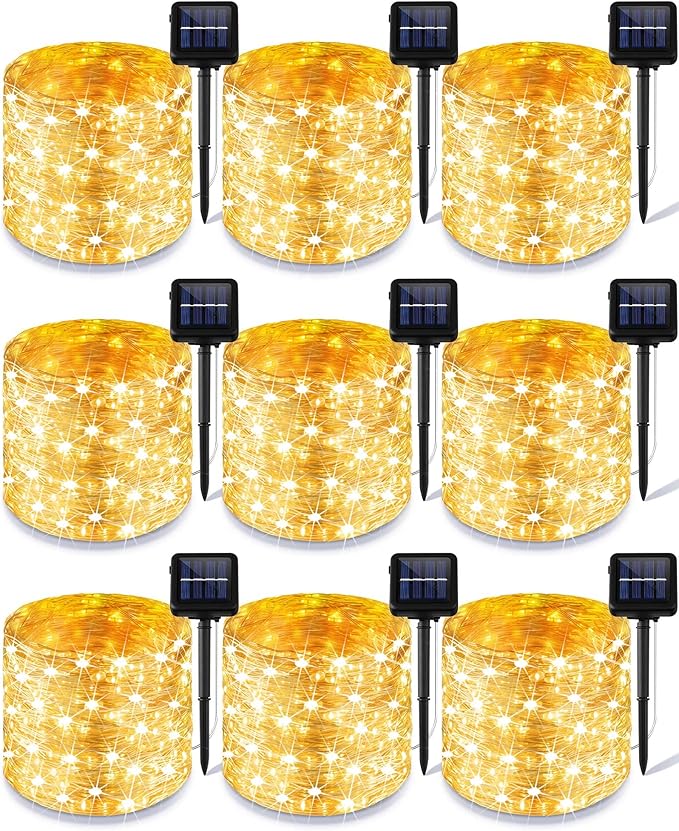 Treela 9 Pack Solar String Lights for Outside, 39 ft 100 LED Outdoor Fairy Lights Waterproof Copper Wire 8 Modes Solar Twinkle Lights for Patio Garden Tree Yard Party Decor(Warm White)