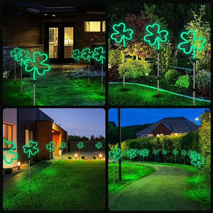 BlcTec St Patricks Day Decorations Outdoor, 4PCS Shamrock Neon Lights with Stainless Steel Stakes, Waterproof Irish Green Shamrock Pathway Lights for Yard Lawn Garden Porch Decor, Plug in