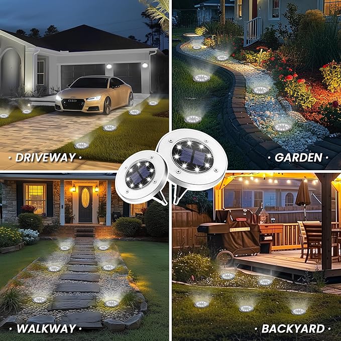 GIGALUMI 8 Pack Solar Ground Lights, 8 LED Solar Powered Disk Lights Outdoor Waterproof Garden Landscape Lighting for Yard Deck Lawn Patio Pathway Walkway (White)