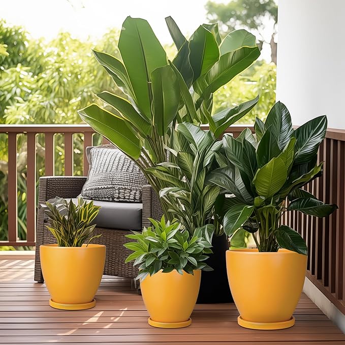 Ceramic Plant Pot - 8 Inch Planter for Indoor Outdoor Plants, Round Flower Pots with Drainage and Tray, Home Office Decor, Orange