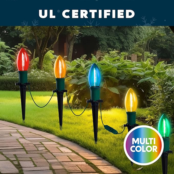 Joiedomi 30.75FT C9 Christmas Pathway Stake Lights, 24 LED Jumbo Bulbs Outdoor Walkway Green Wire Connectable Multicolor Decor for Holiday Commercial Xmas Yard Garden Lawn