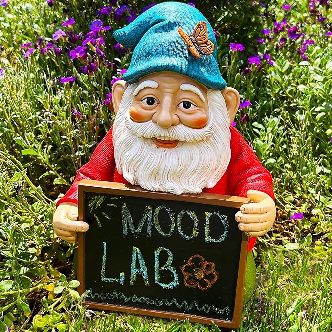 Mood Lab Garden Gnome with Chalkboard Sign - Funny Gnome Statue - 8.7 Inch Tall Lawn Figurine - for Outdoor & House Decor
