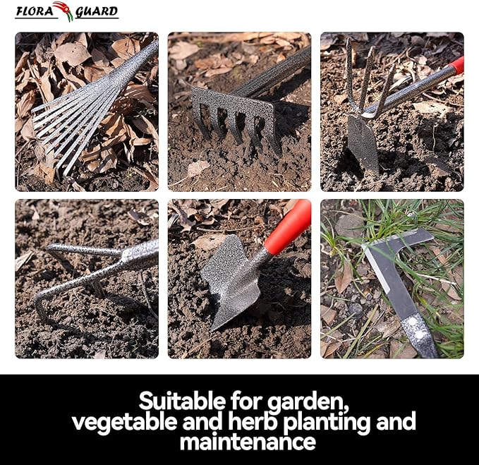 FLORA GUARD FLORA GUARD Garden Tool Set， 6 Piece Heavy Duty, Large Size Gardening Hand Tools, Sturdy & Durable, Classic Utility Gardening Gift for Seniors and Women