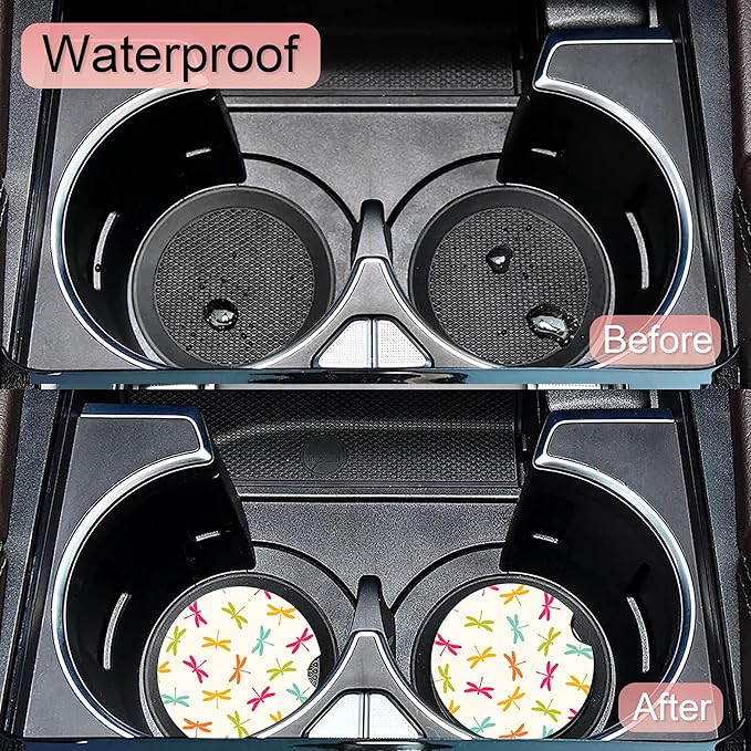 Colorful Dragonfly Car Coasters,Ceramic Absorbent Cup Holders with Finger Notch & Cork Base Car Assecories for Women/Men 2.6"(2 Pieces)