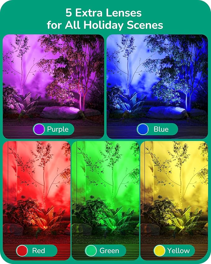 EDISHINE 120V Spotlight Outdoor, 5 Extra Color Lenses, 4.8W Waterproof LED Outdoor Spotlight, 5000K Landscape Lighting for Yard Flag Tree Holiday Decor, 180° Adjustable, UL Listed