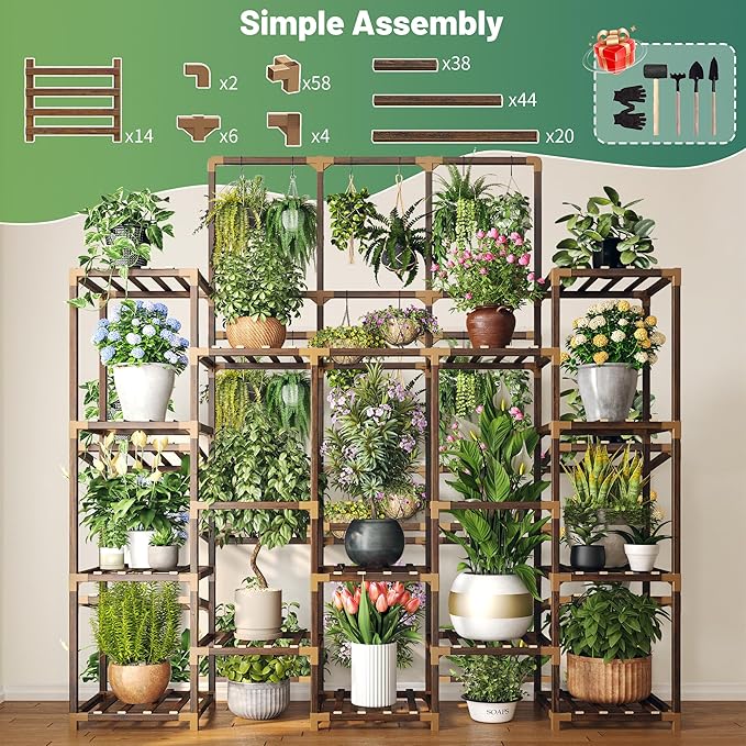EnHomee Plant Stand Indoor Tall Plant Stand Outdoor Large Wood Plant Shelf Indoor for 22 Pots Plants,4-tiers Plant Holder for Patio Living Room Gardening Balcony 55.9" Wx63.1 Hx11.78 D