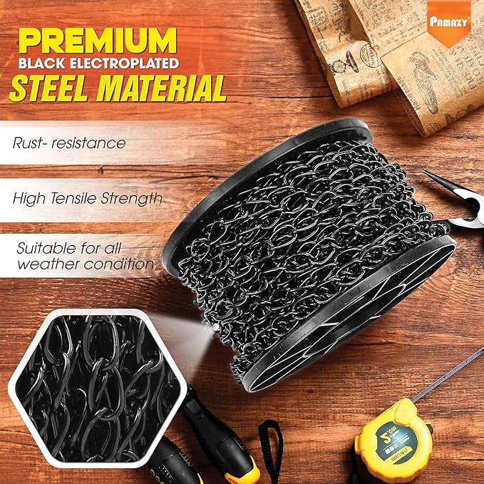 [Upgraded] 50FT Black Electroplated Steel Hanging Chain Roll, Pliers Included, 20LBS Load Capacity, Durable, Rust-Resistant, Adjustable Length for Hanging Bird Feeders, Planters, Lanterns, Billboards