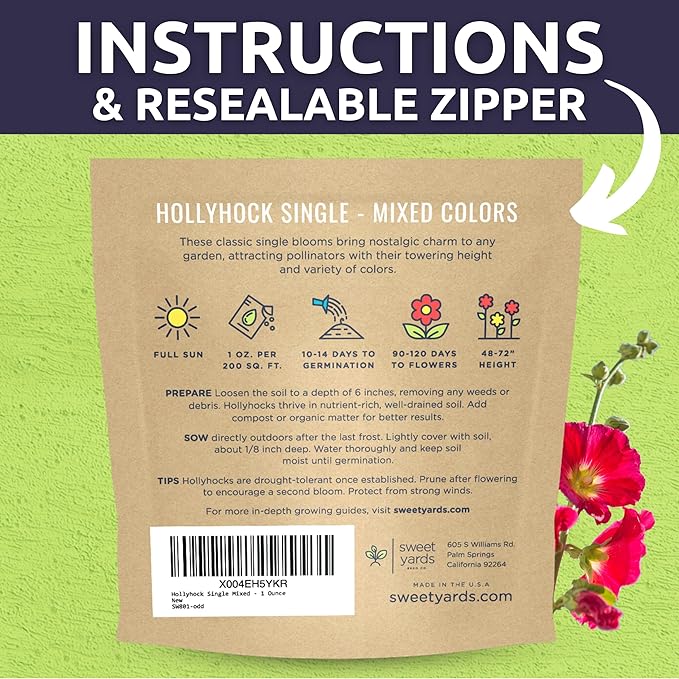 Hollyhock Single - Mixed Colors - Large 1 Ounce Packet - 2,500 Flower Seeds for Planting - Alcea rosea