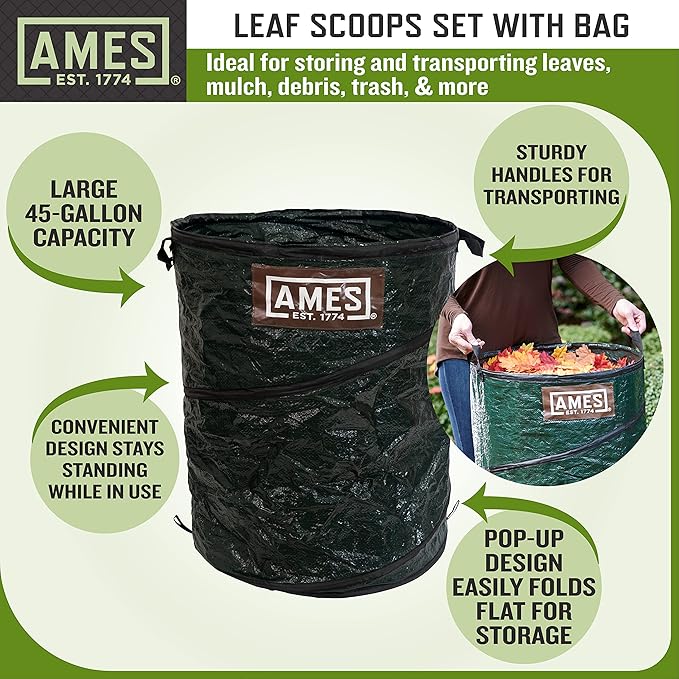 AMES Leaf Scoops Hand Rake Set with Collapsible Pop-Up Garden Waste Bag for Collecting Leaves, Mulch and Debris