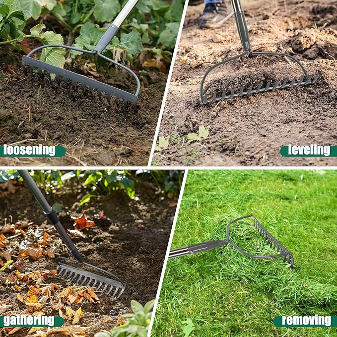 Garden Rake, 6 FT Bow Rakes for Lawns Heavy Duty, Yard Metal Rake with Adjustable Long Handle, 14 Tines Rake Head, Gardening Tool for Loosen Soil, Gather Leaves, Level Mulch, Remove Debris