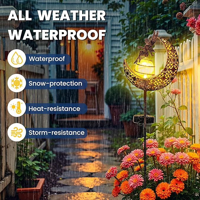 Fairy Moon Solar Lights Outdoor Garden Stakes, Waterproof Metal Decor Gifts for Women Mom, Art Moon Sculpture for Yard, Patio, Garden, Porch, 1 Pack