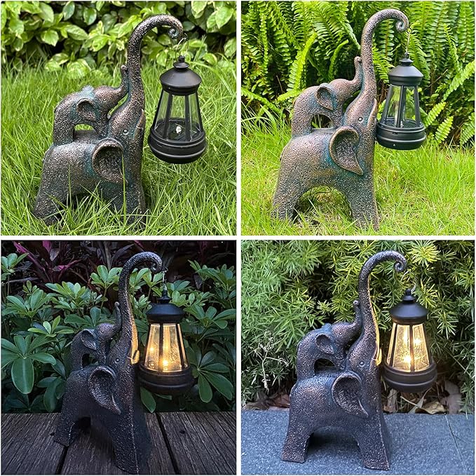 Elephant Statues Garden Decor with LED Solar Lights-Lucky Elephant Mother Gifts for Women, Men or Daughter, Unique Housewarming Gifts and Yard Decoration (Gold)
