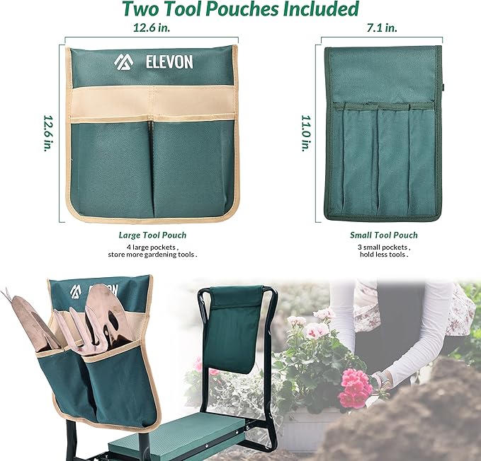 Elevon Portable Garden Kneeler and Seat Heavy Duty Garden Bench with 2 Large Tool Pouches Prevent Knee & Back Pain Folding Sturdy Gardening Tools Gifts for Gardeners